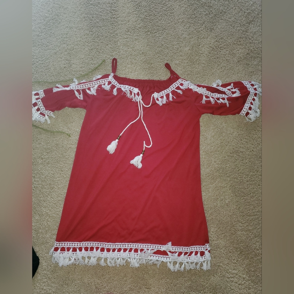 Red off shoulder, light weight dress